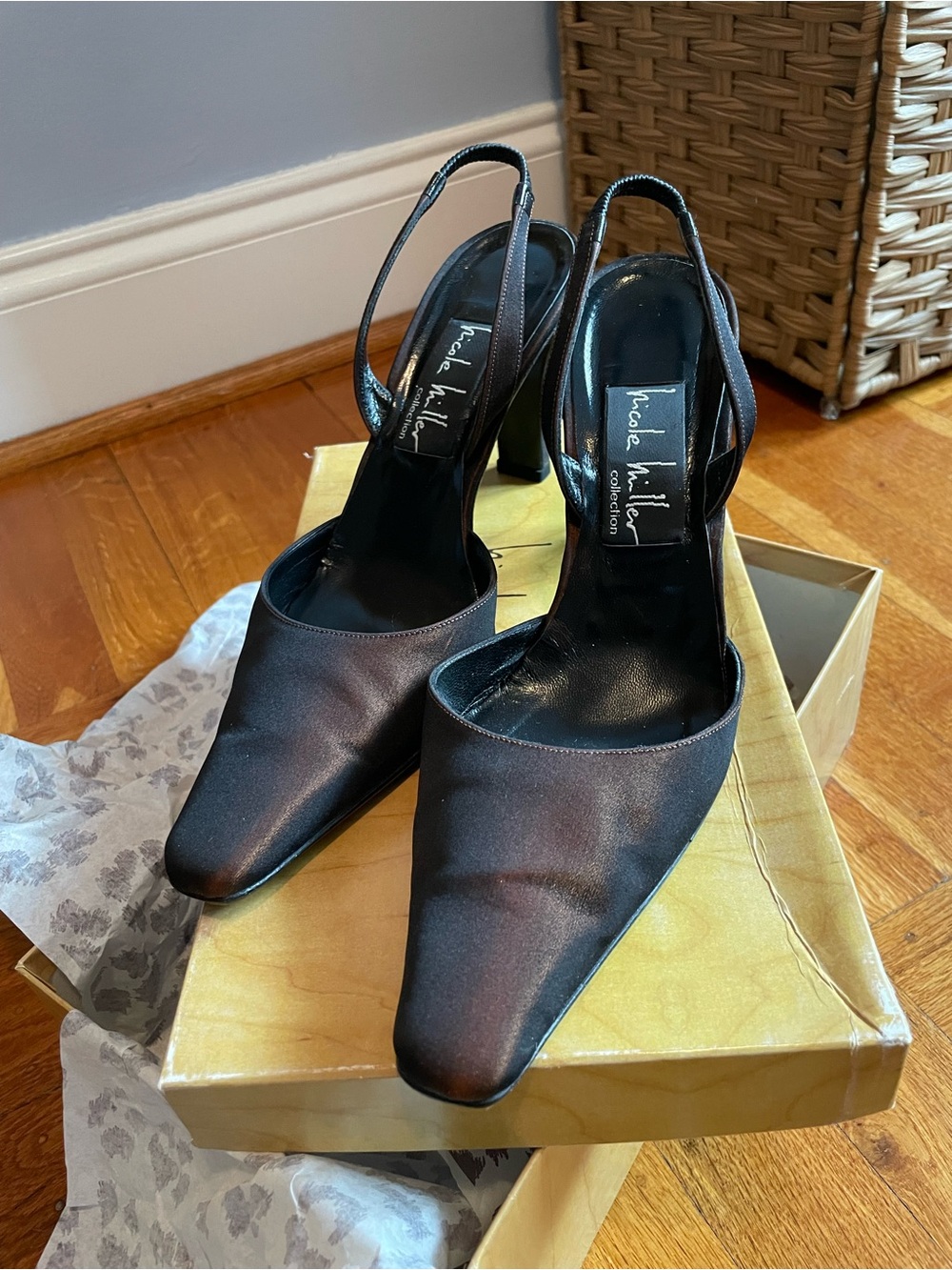 Nicole Miller Satin Bronze Slingback Pointed-Toe Heels Size 7